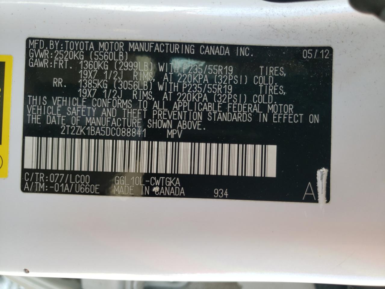 2T2ZK1BA5DC088841 2013 Lexus Rx 350