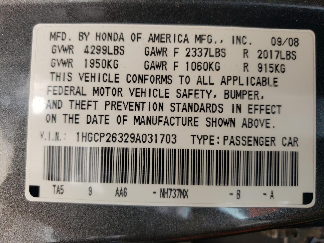 1HGCP26329A031703 2009 Honda Accord Lx