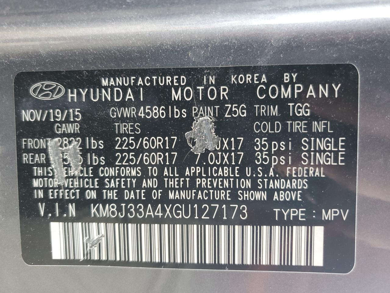 KM8J33A4XGU127173 2016 Hyundai Tucson Limited