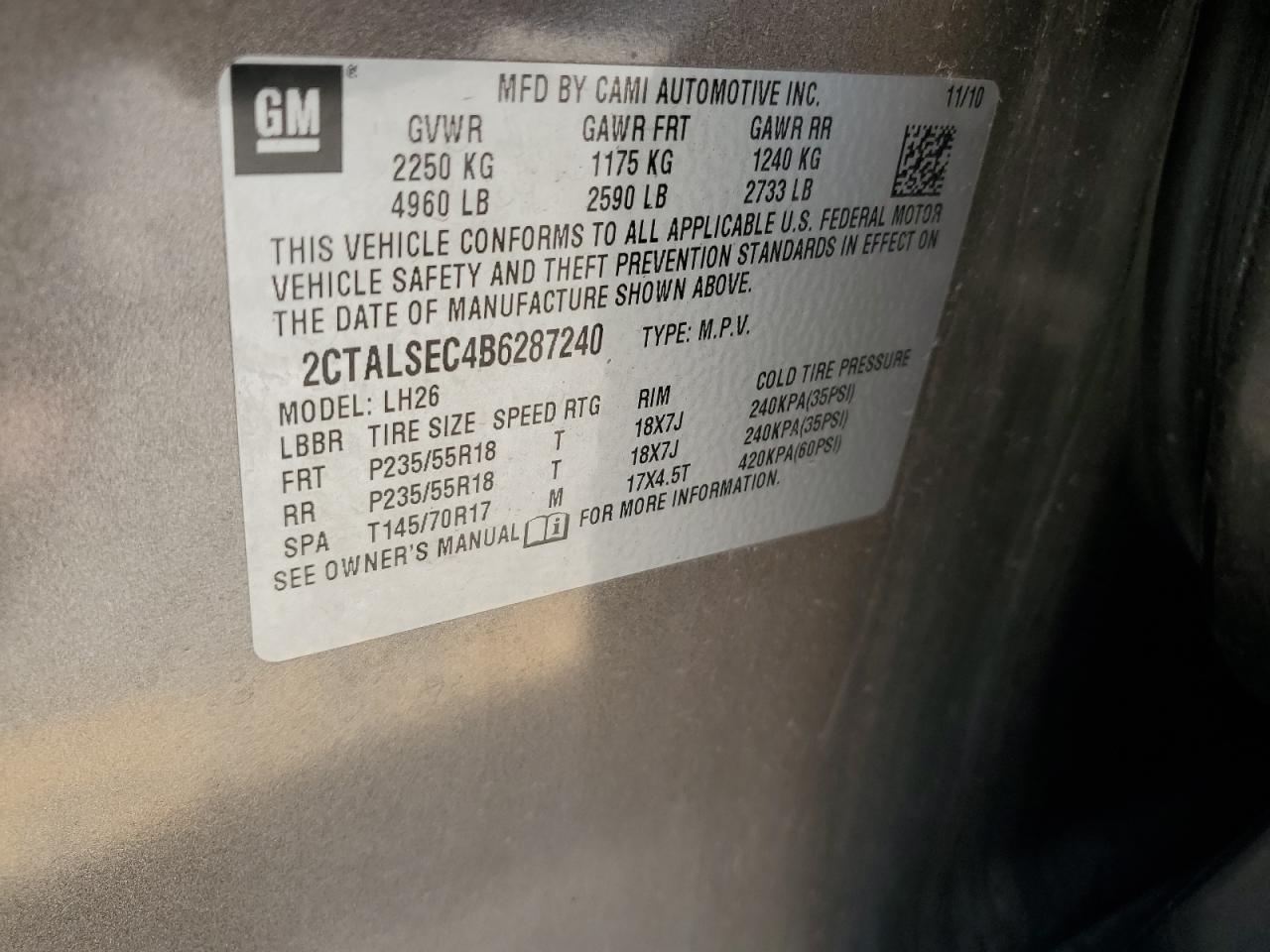 2CTALSEC4B6287240 2011 GMC Terrain Sle