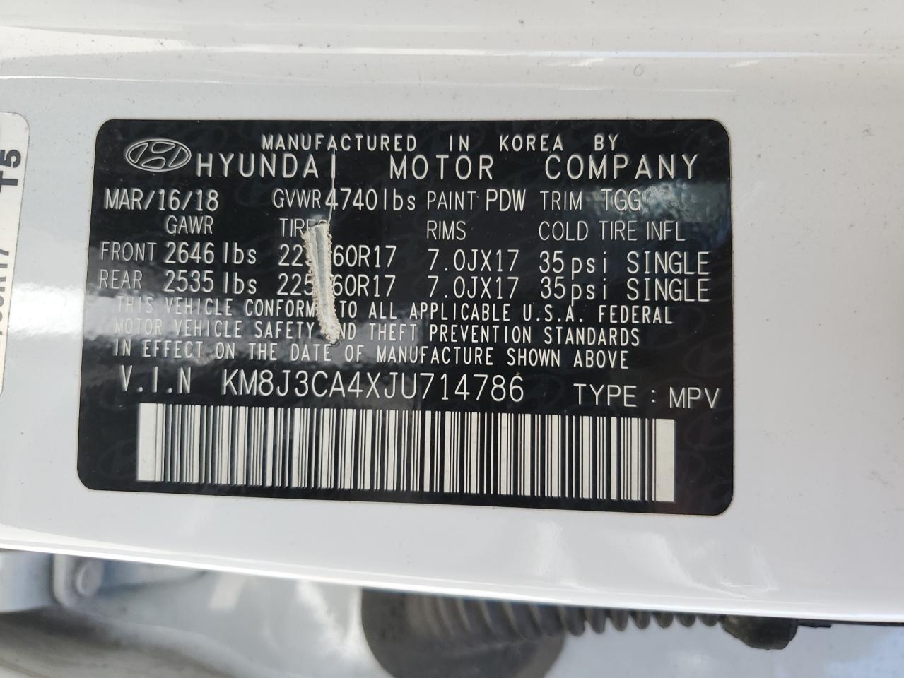 2018 Hyundai Tucson Sel vin: KM8J3CA4XJU714786