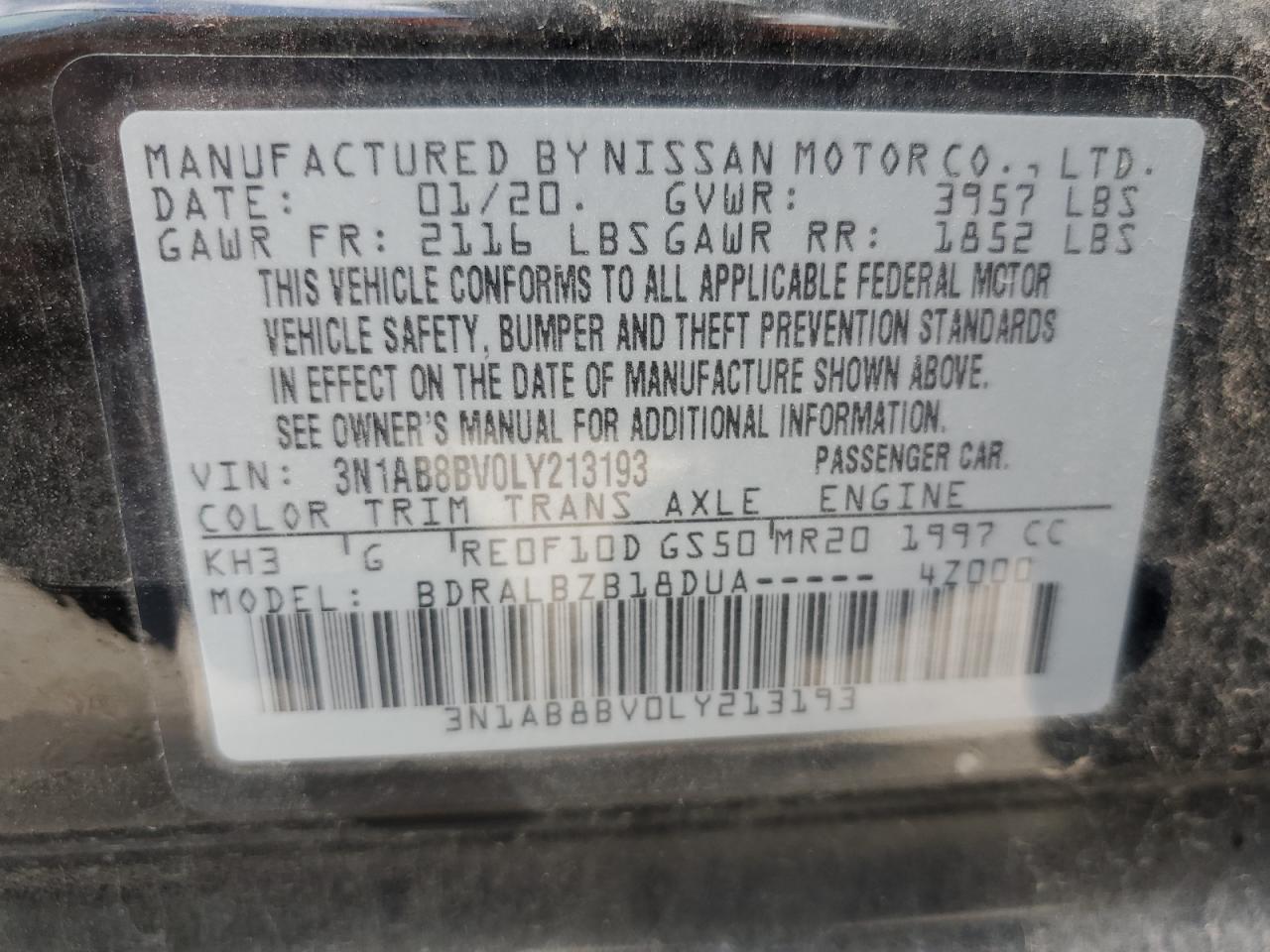 3N1AB8BV0LY213193 2020 Nissan Sentra S