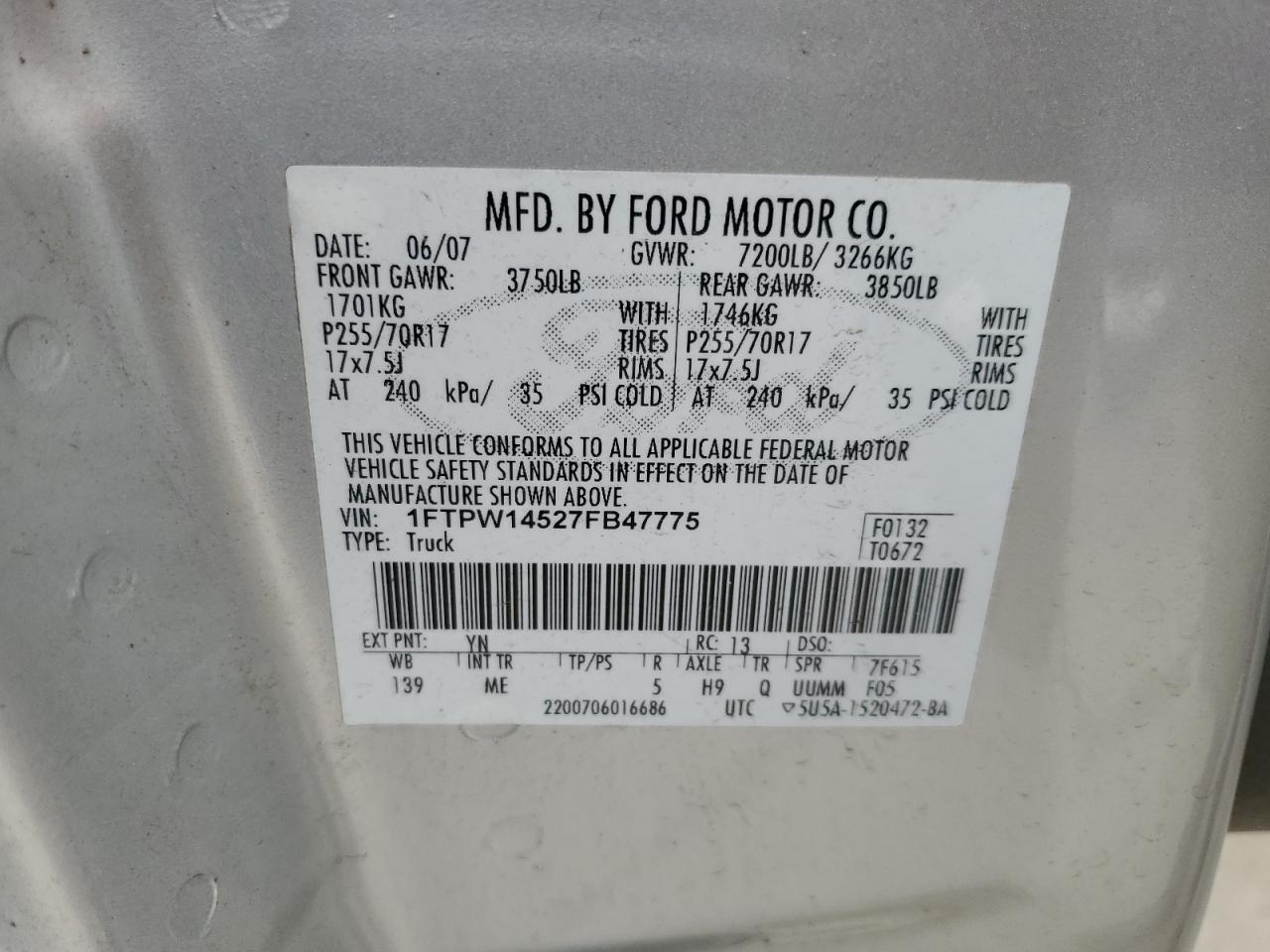1FTPW14527FB47775 2007 Ford F150 Supercrew