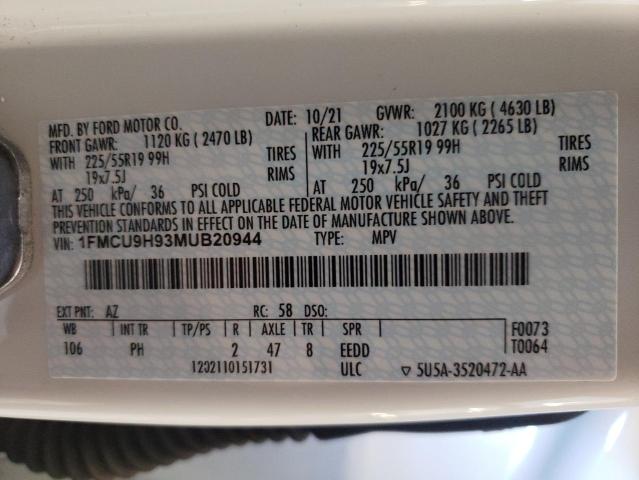 2021 Ford Escape Sel VIN: 1FMCU9H93MUB20944 Lot: 57917364