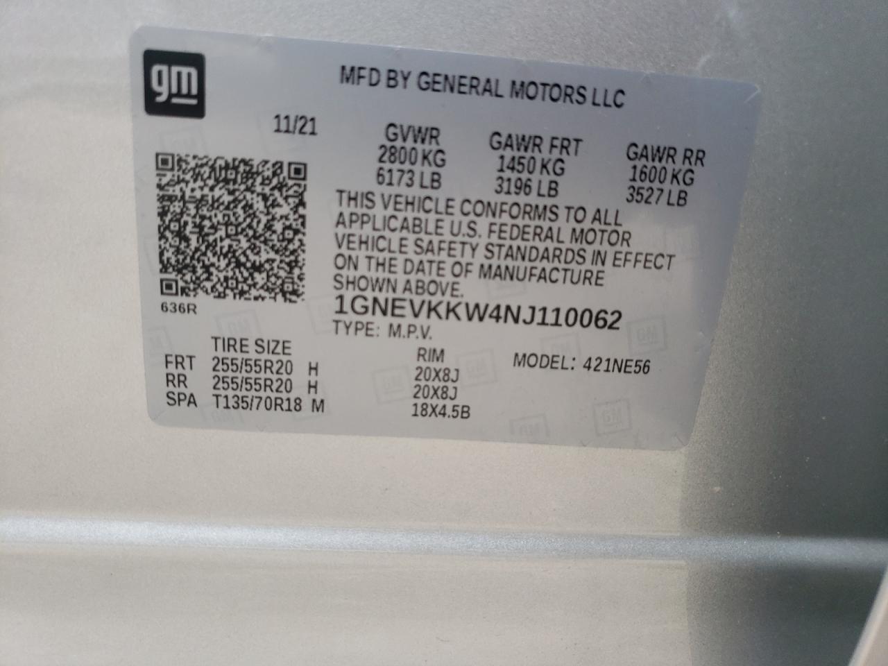 1GNEVKKW4NJ110062 2022 Chevrolet Traverse Premier