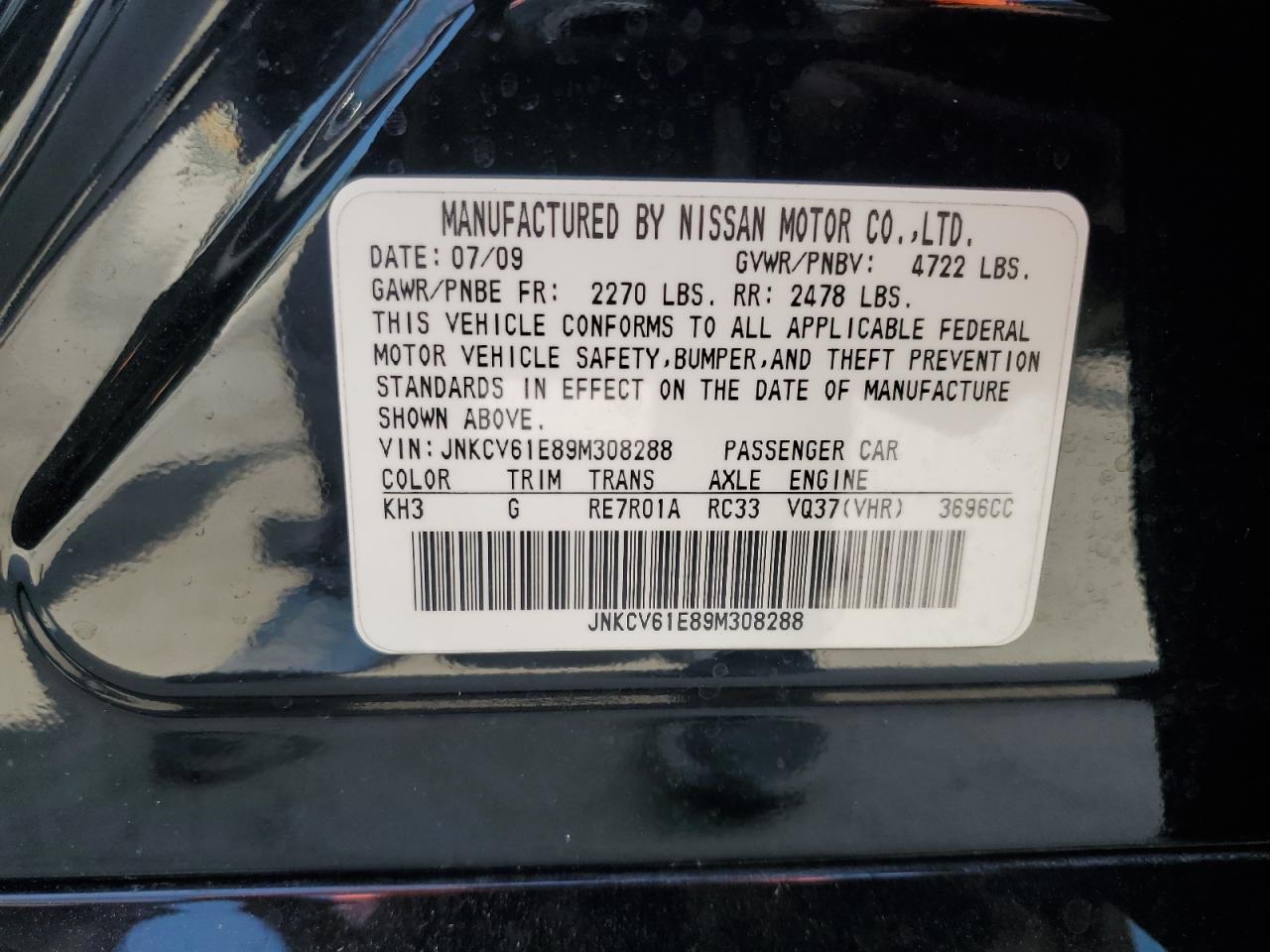 JNKCV61E89M308288 2009 Infiniti G37 Base