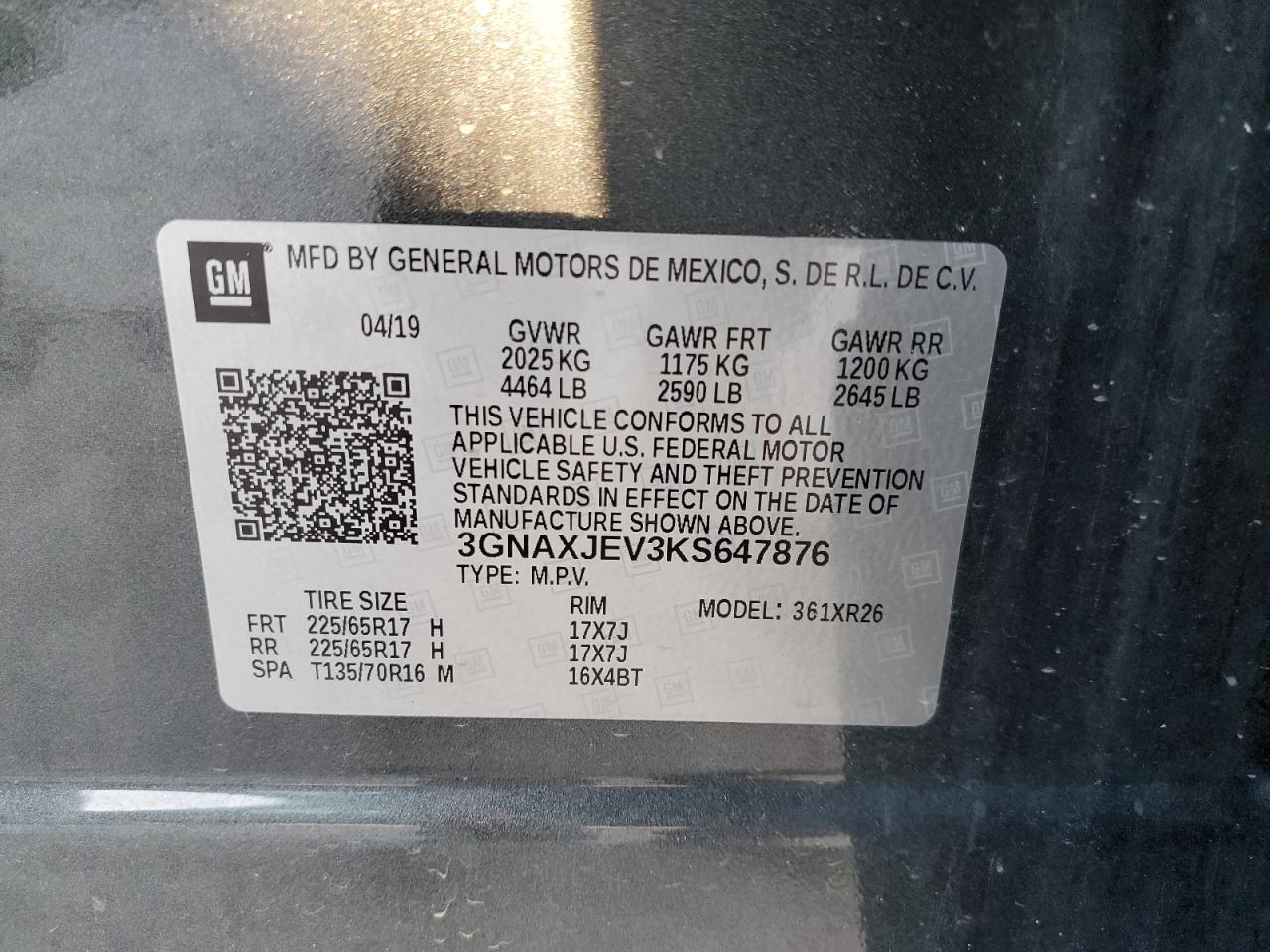 3GNAXJEV3KS647876 2019 Chevrolet Equinox Lt