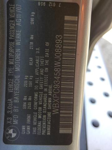 2008 BMW X3 3.0Si VIN: WBXPC93458WJ08893 Lot: 59701784