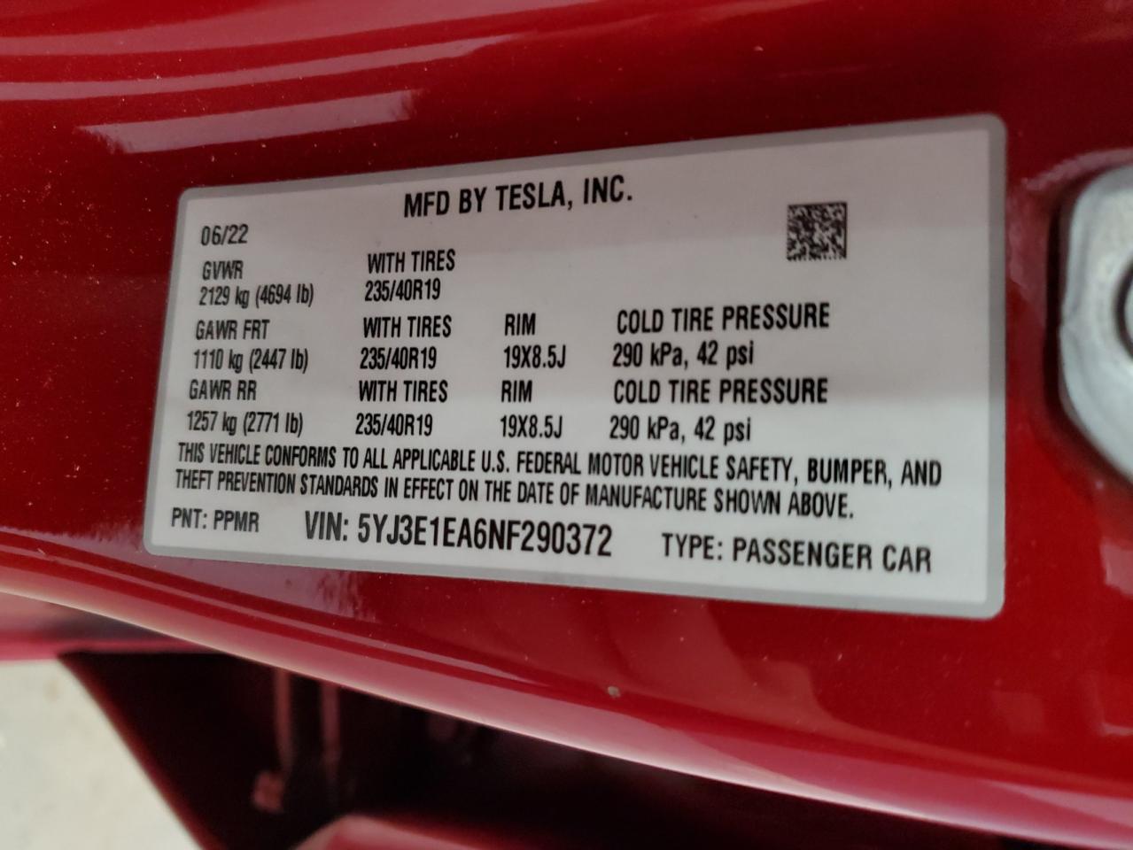 5YJ3E1EA6NF290372 2022 Tesla Model 3