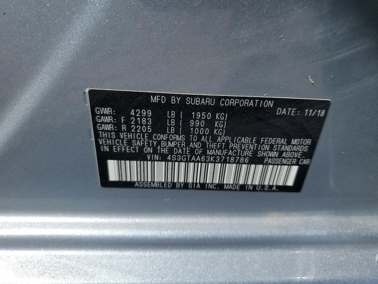 4S3GTAA63K3718786 2019 Subaru Impreza