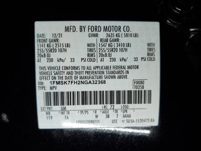 2022 Ford Explorer Limited VIN: 1FMSK7FH2NGA32368 Lot: 58270294