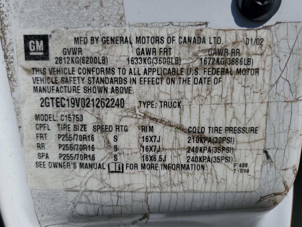 2GTEC19V021262240 2002 GMC New Sierra C1500