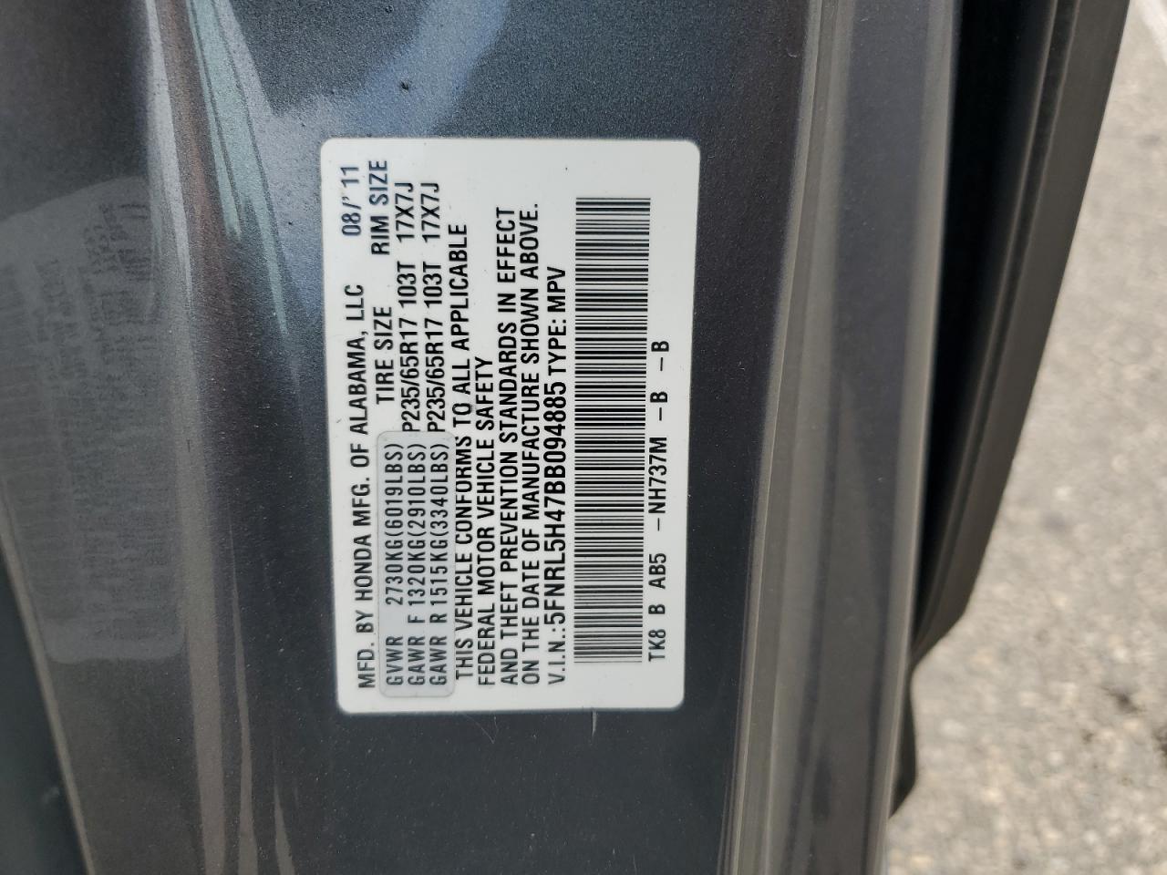 5FNRL5H47BB094885 2011 Honda Odyssey Ex