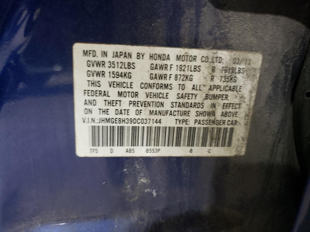 JHMGE8H39DC037144 2013 Honda Fit