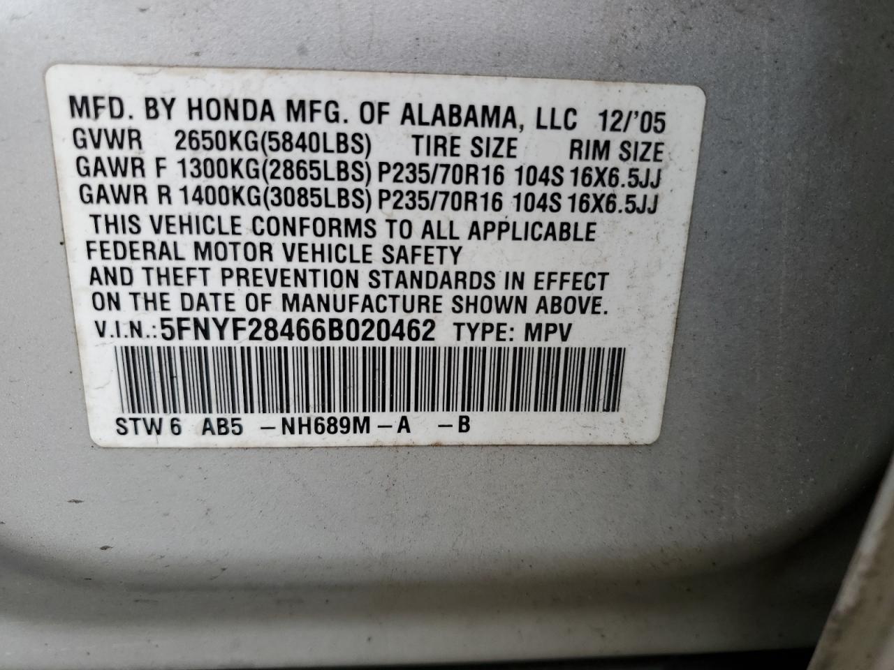 5FNYF28466B020462 2006 Honda Pilot Ex