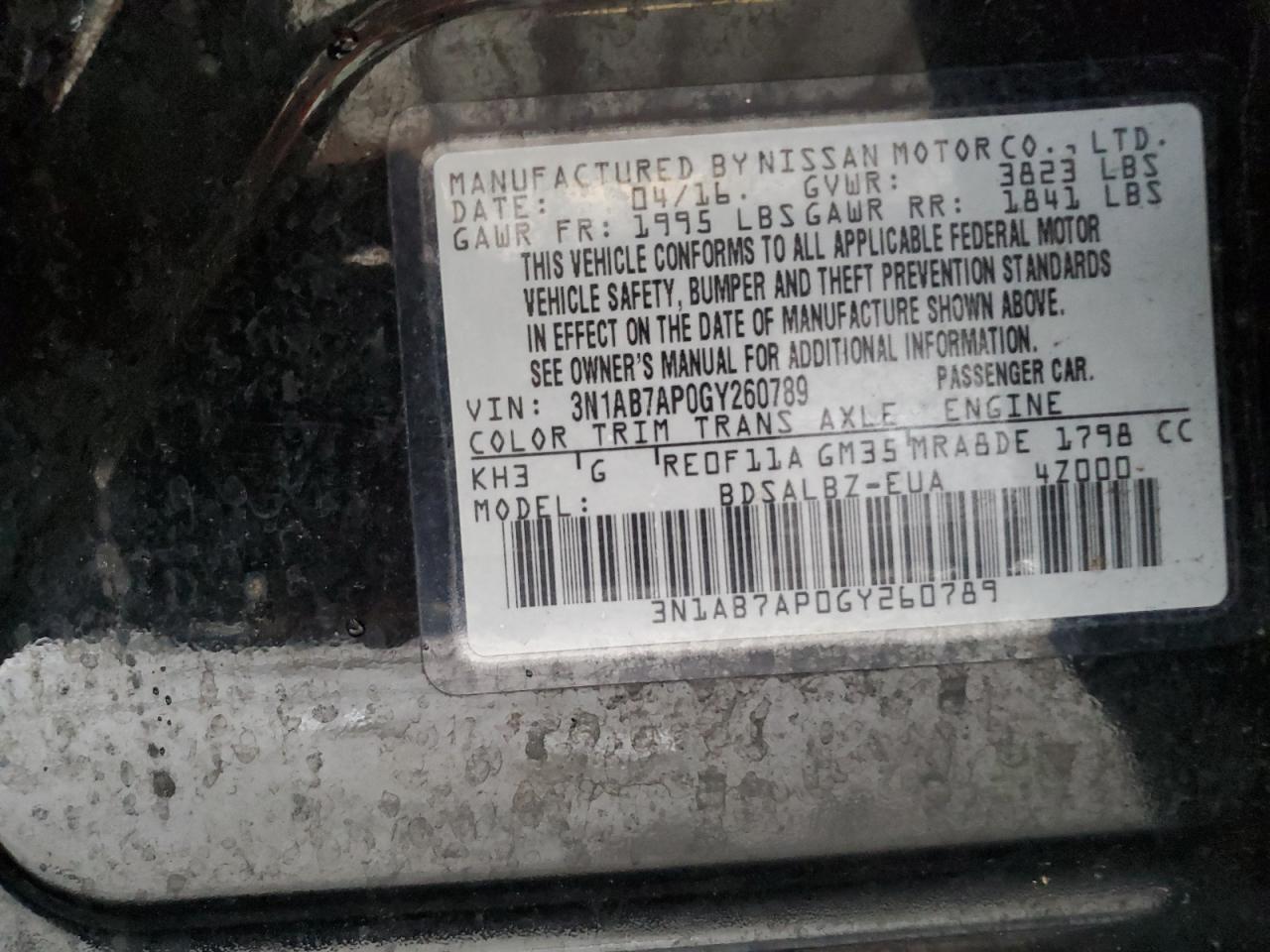 3N1AB7AP0GY260789 2016 Nissan Sentra S