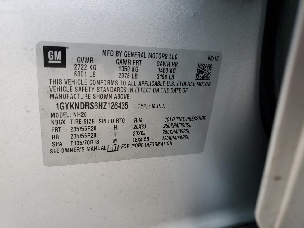 1GYKNDRS6HZ126435 2017 Cadillac Xt5 Luxury