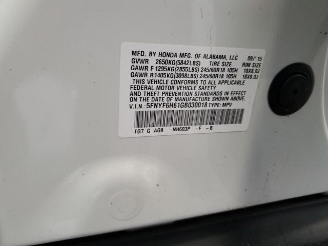 2016 Honda Pilot Exl VIN: 5FNYF6H61GB030018 Lot: 57133554