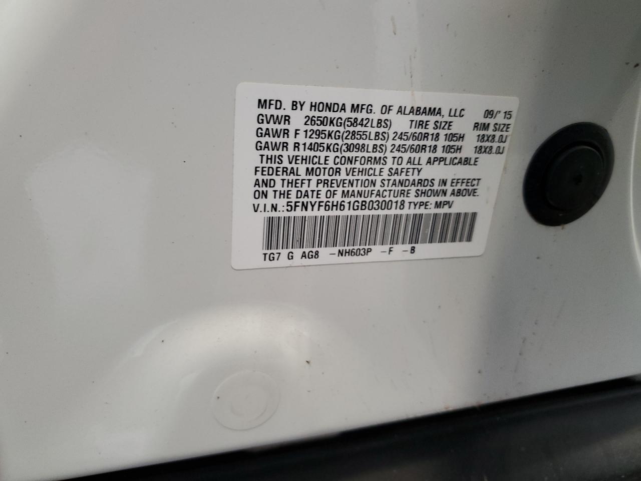 5FNYF6H61GB030018 2016 Honda Pilot Exl