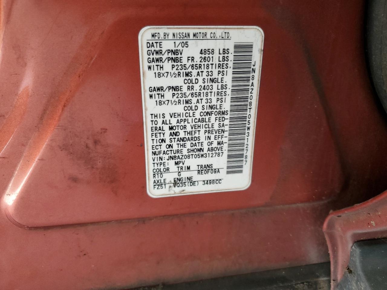 JN8AZ08T05W312787 2005 Nissan Murano Sl