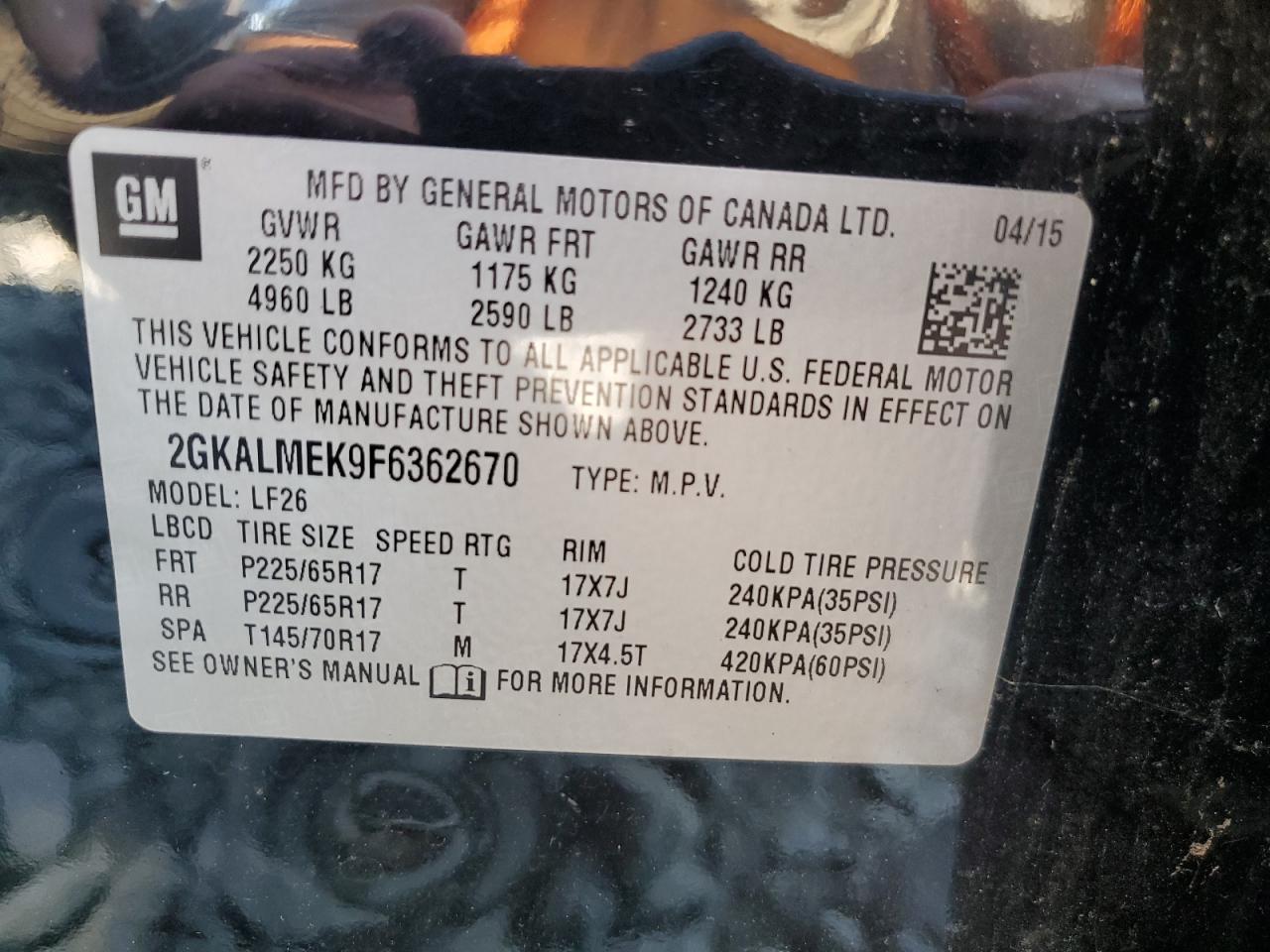 2GKALMEK9F6362670 2015 GMC Terrain Sle