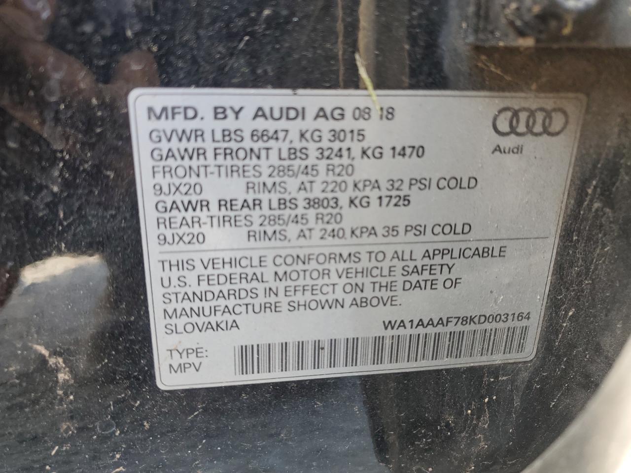 WA1AAAF78KD003164 2019 Audi Q7 Premium
