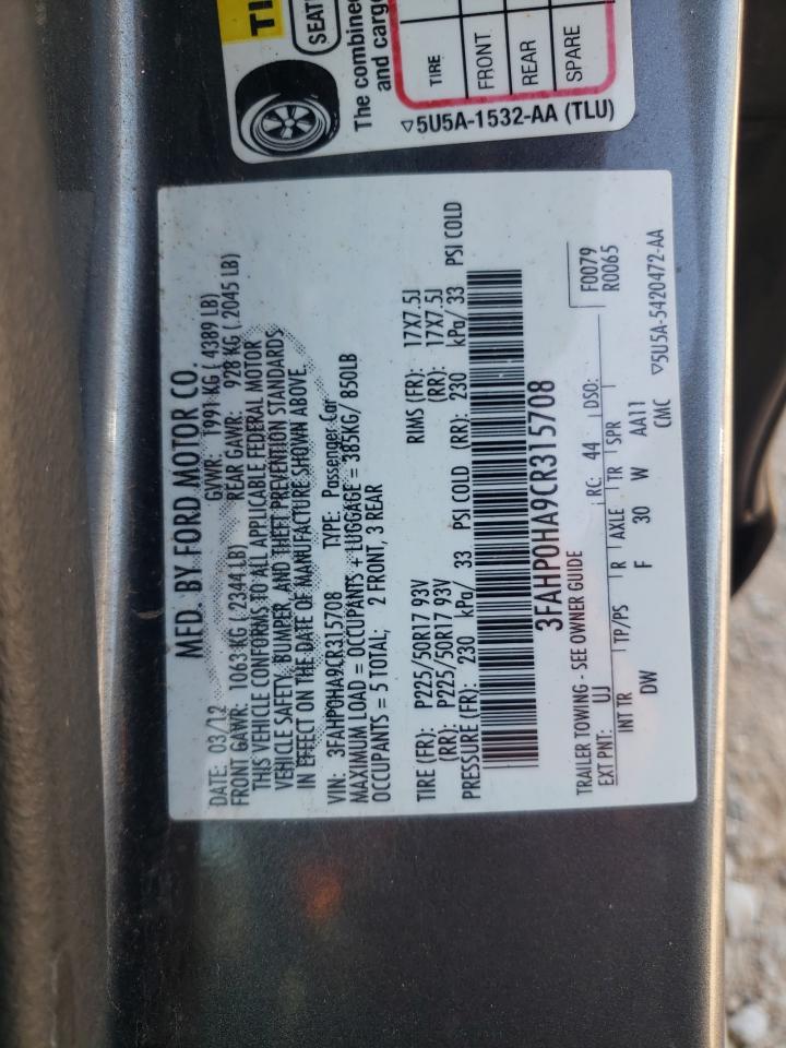 3FAHP0HA9CR315708 2012 Ford Fusion Se