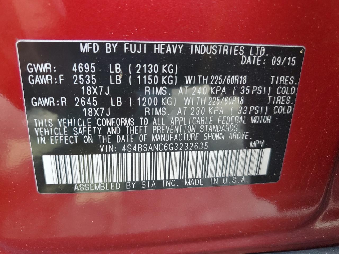 4S4BSANC6G3232635 2016 Subaru Outback 2.5I Limited