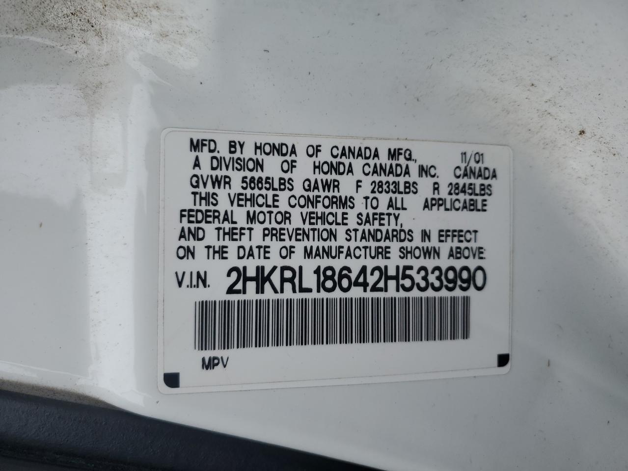 2HKRL18642H533990 2002 Honda Odyssey Ex