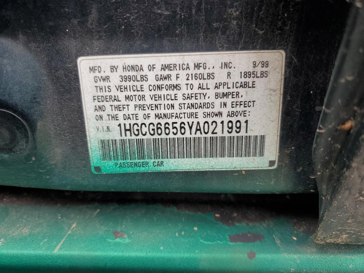 1HGCG6656YA021991 2000 Honda Accord Lx