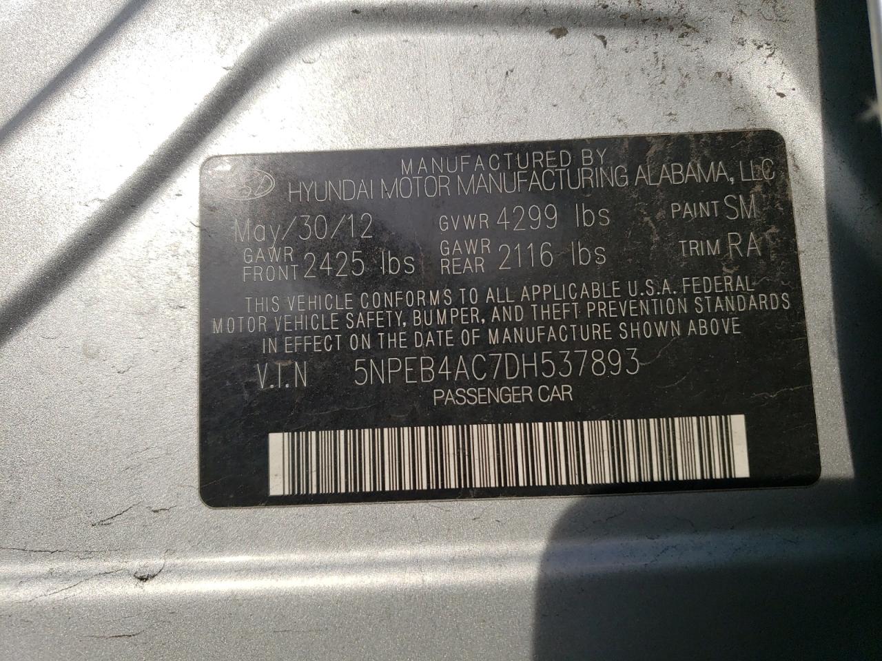 5NPEB4AC7DH537893 2013 Hyundai Sonata Gls