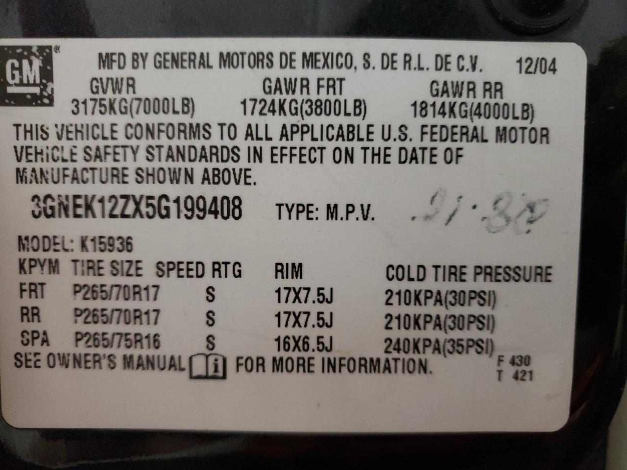 3GNEK12ZX5G199408 2005 Chevrolet Avalanche K1500