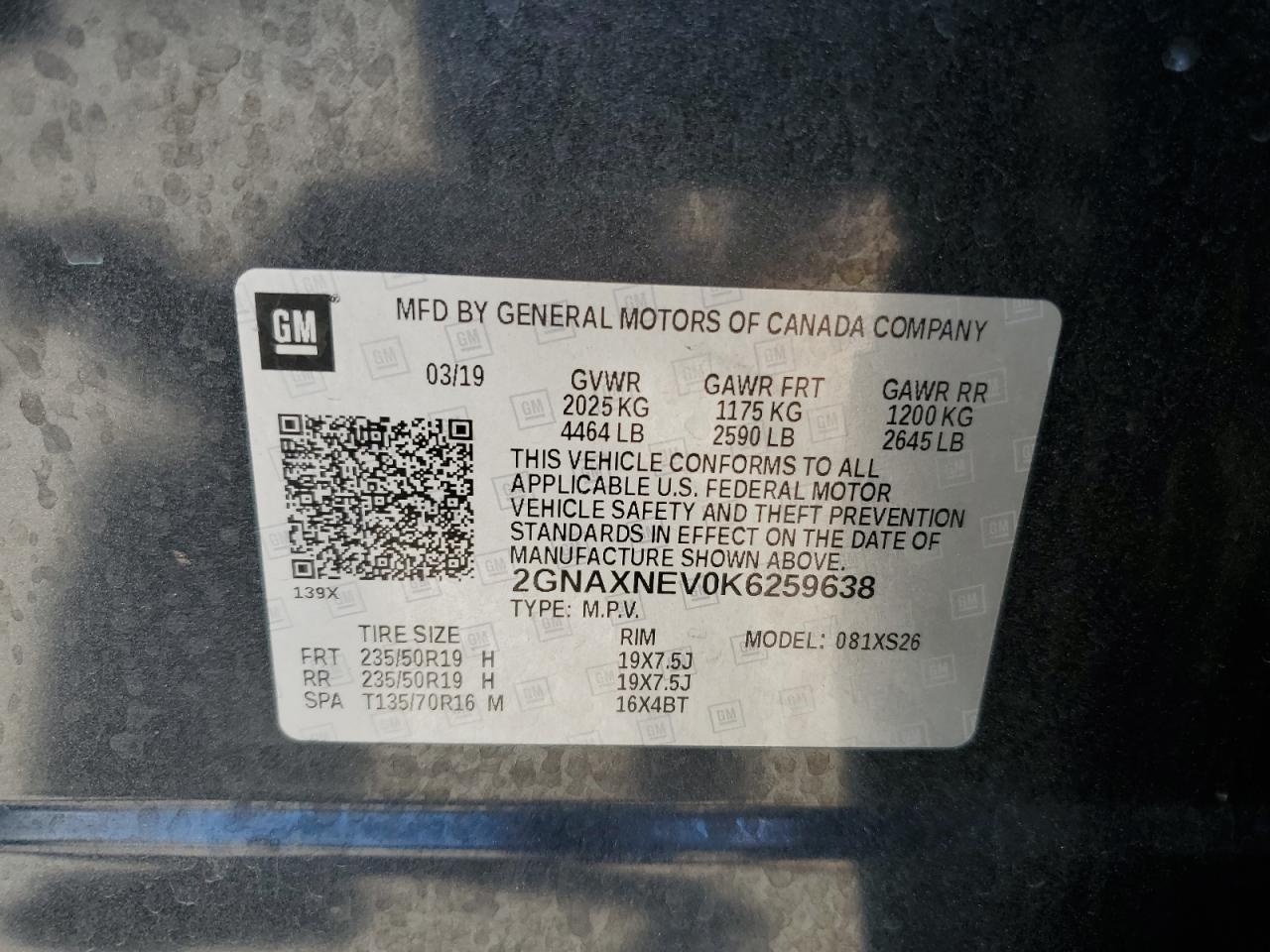 2GNAXNEV0K6259638 2019 Chevrolet Equinox Premier