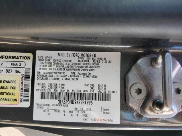 2019 Ford Fusion Se VIN: 3FA6P0HD9KR281995 Lot: 59139994