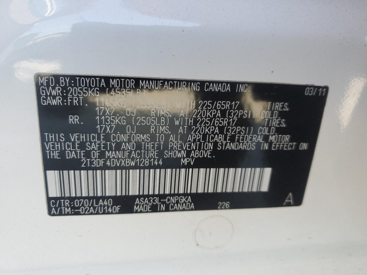 2T3DF4DVXBW128144 2011 Toyota Rav4 Limited