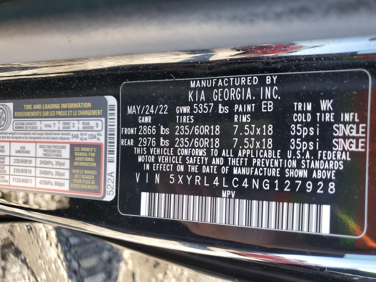 5XYRL4LC4NG127928 2022 Kia Sorento S