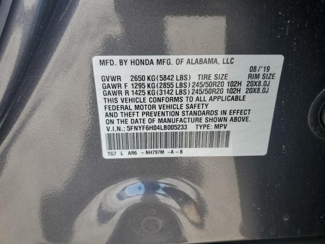 2020 Honda Pilot Elite VIN: 5FNYF6H04LB005233 Lot: 60239494