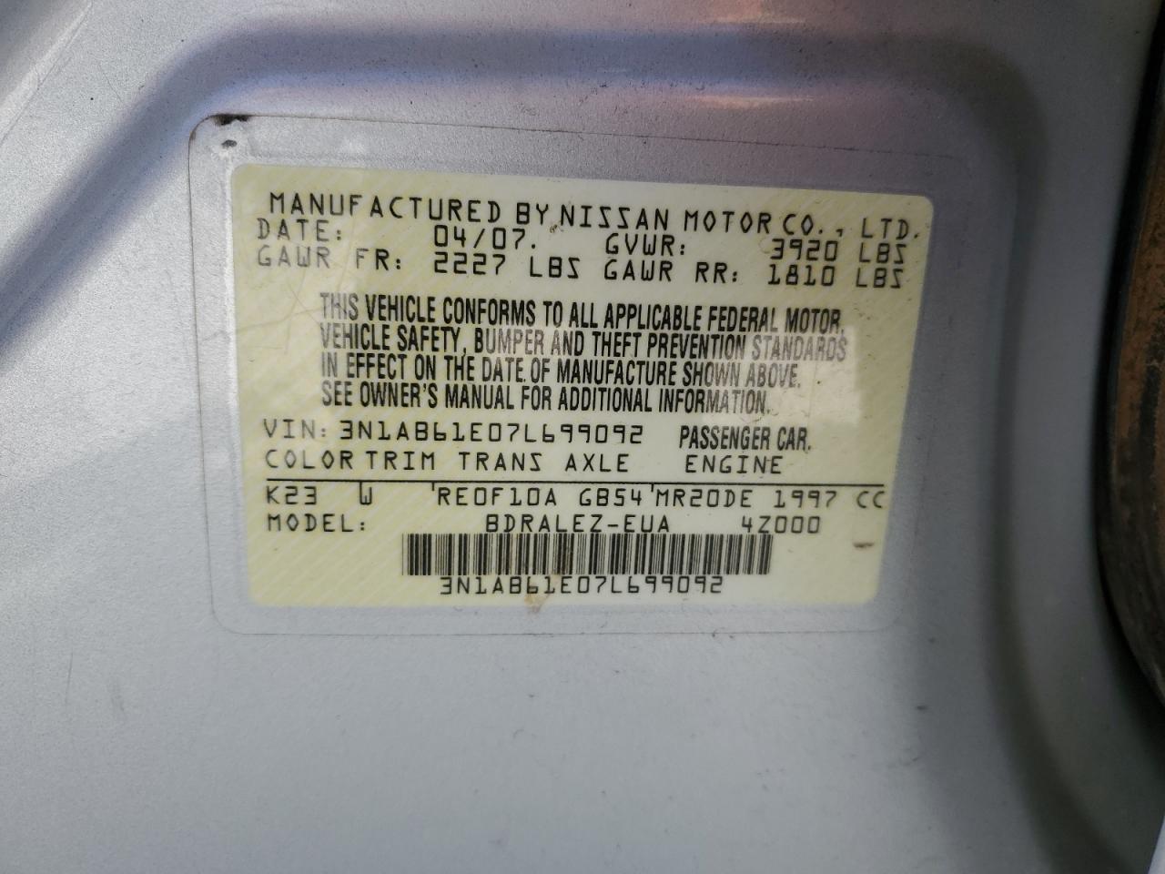 3N1AB61E07L699092 2007 Nissan Sentra 2.0