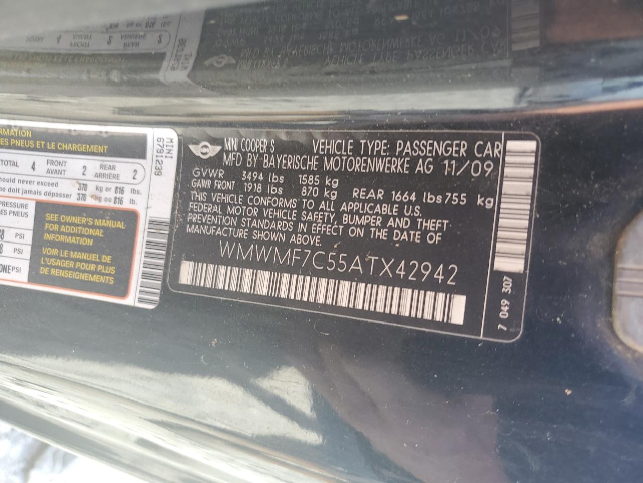 WMWMF7C55ATX42942 2010 Mini Cooper S