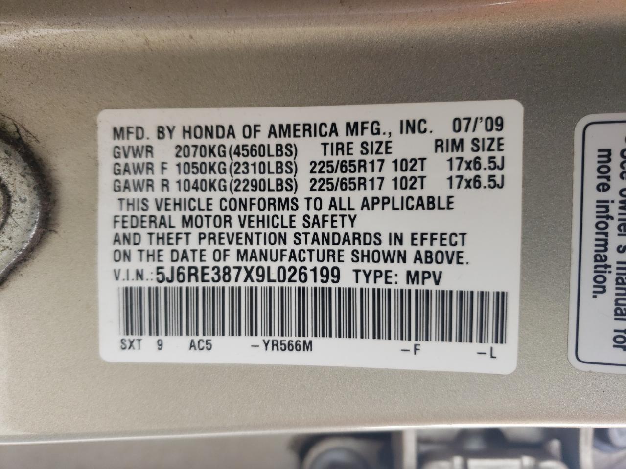 5J6RE387X9L026199 2009 Honda Cr-V Exl