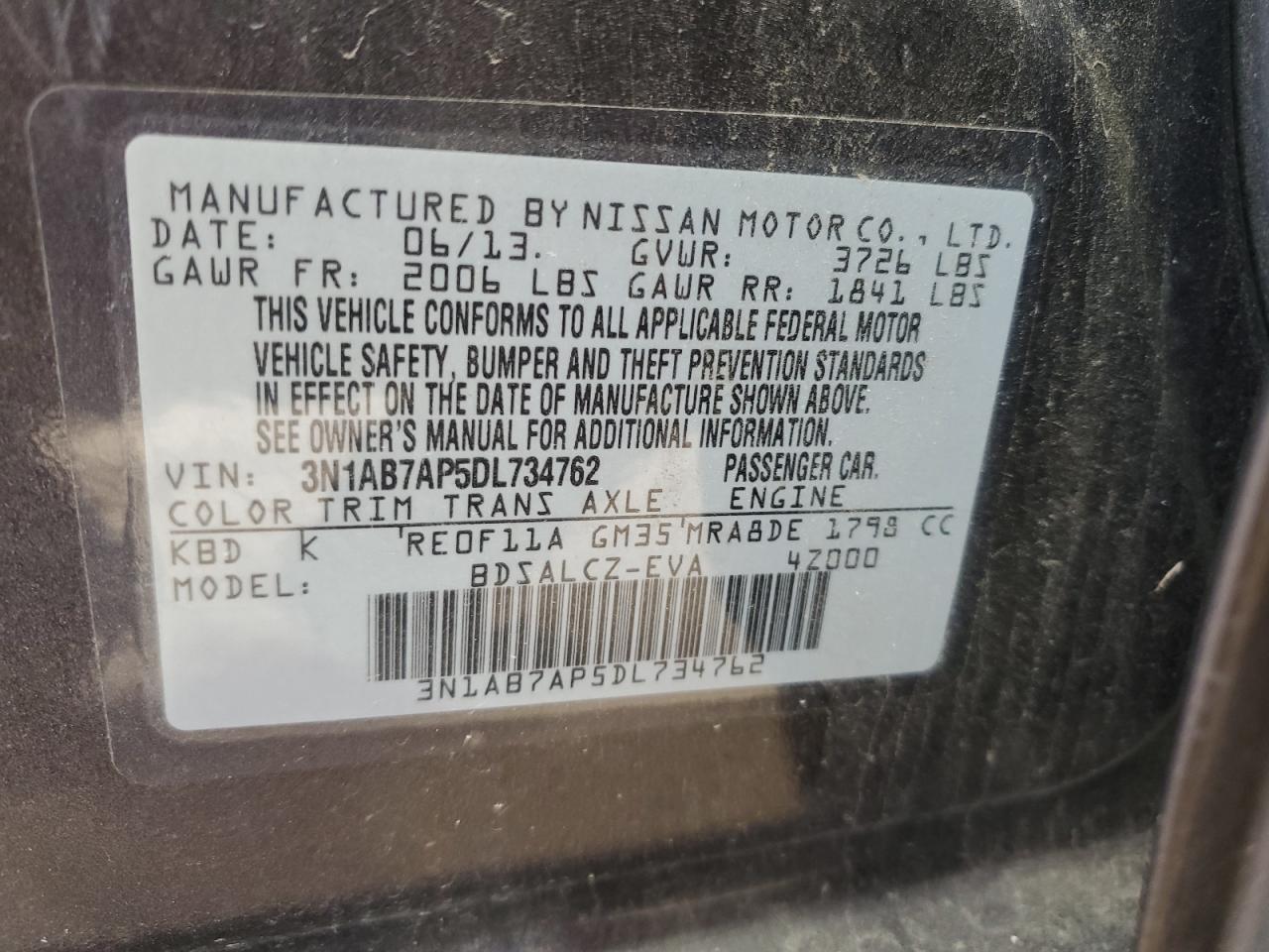 3N1AB7AP5DL734762 2013 Nissan Sentra S
