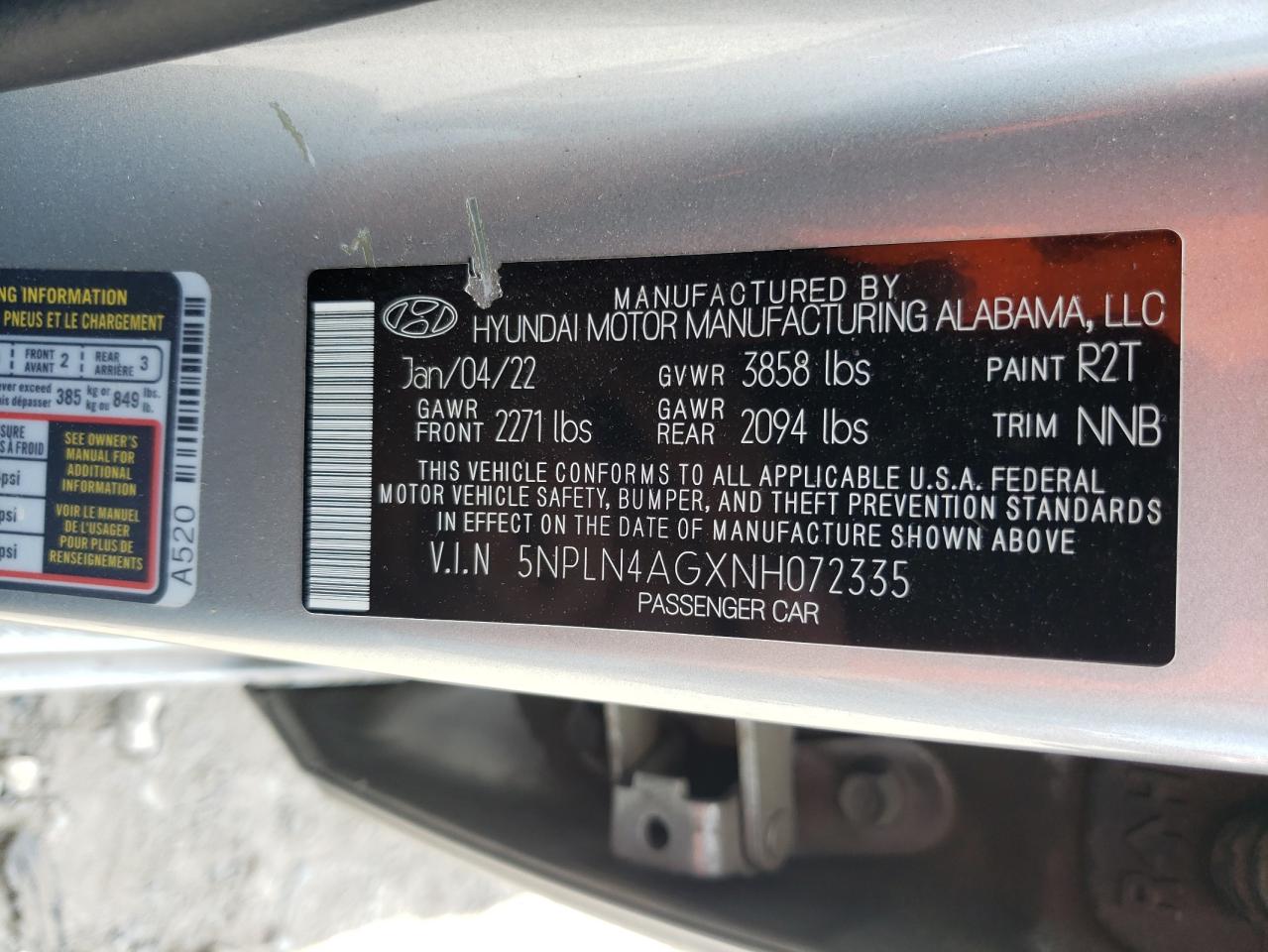 5NPLN4AGXNH072335 2022 Hyundai Elantra Sel