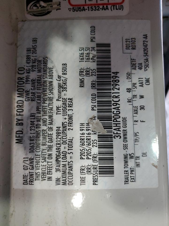 3FAHP0GA9CR129894 2012 Ford Fusion S