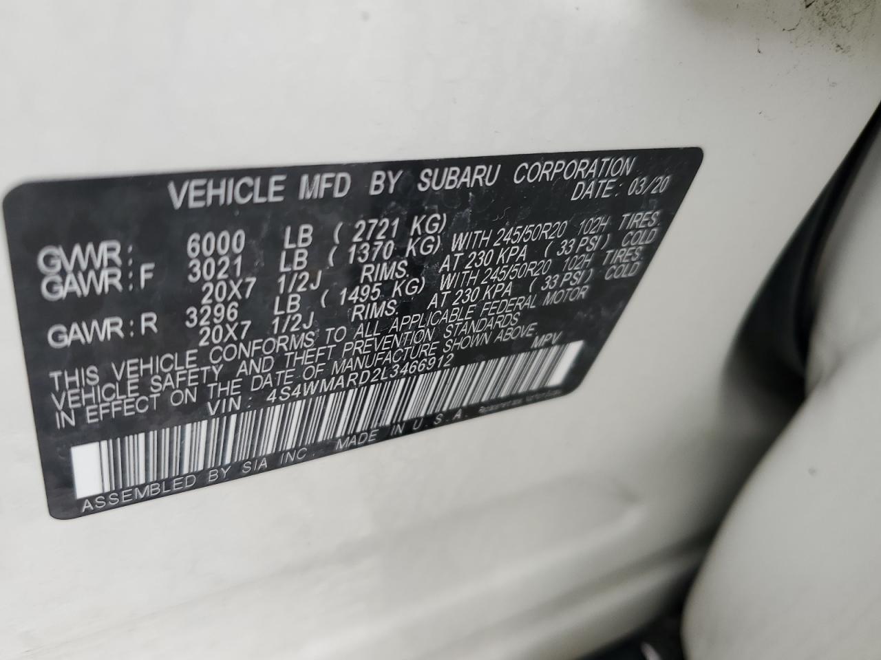 4S4WMARD2L3466912 2020 Subaru Ascent Touring