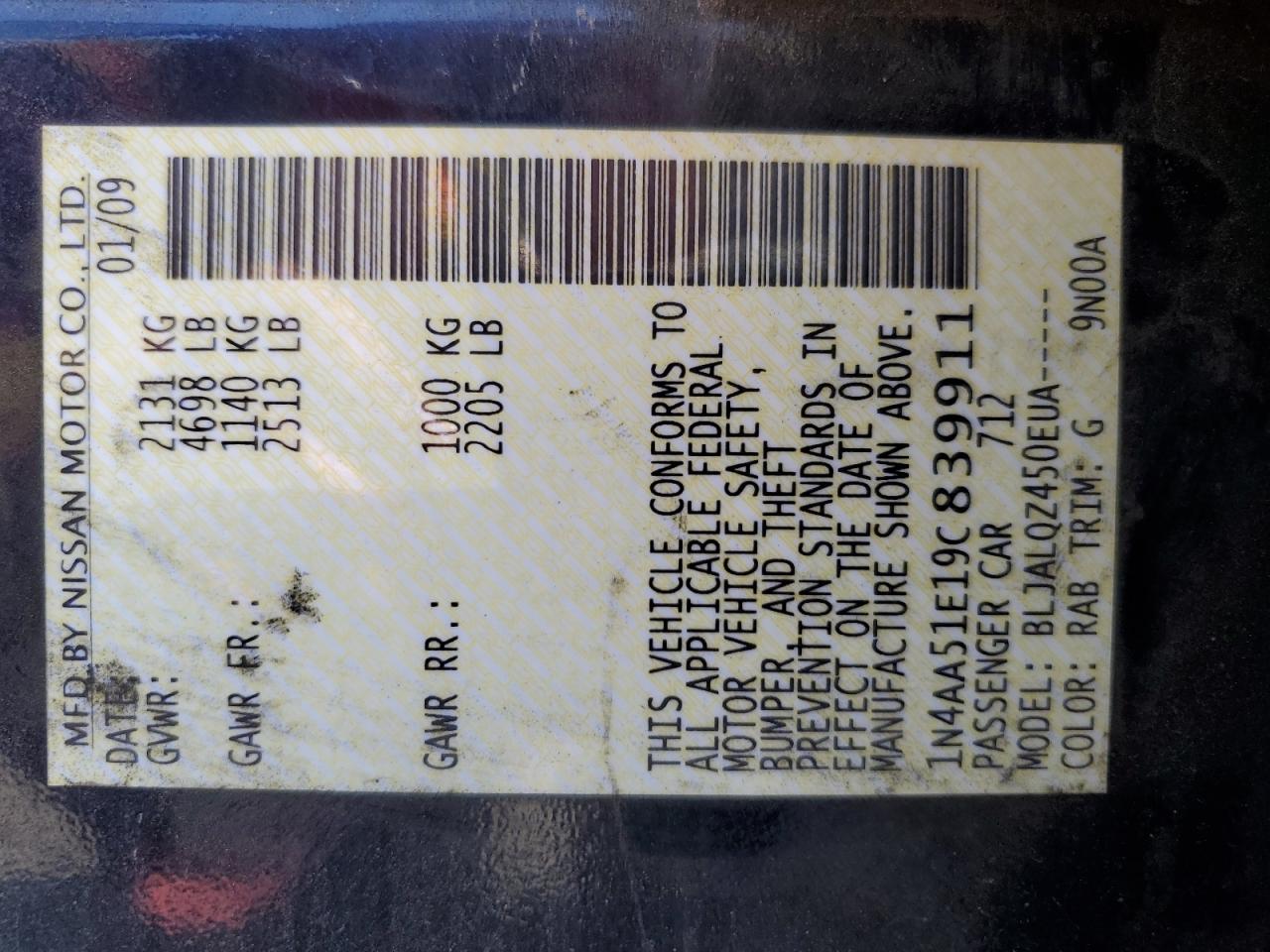 1N4AA51E19C839911 2009 Nissan Maxima S