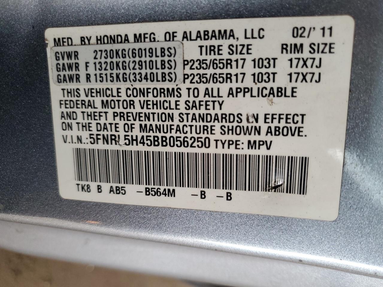 5FNRL5H45BB056250 2011 Honda Odyssey Ex