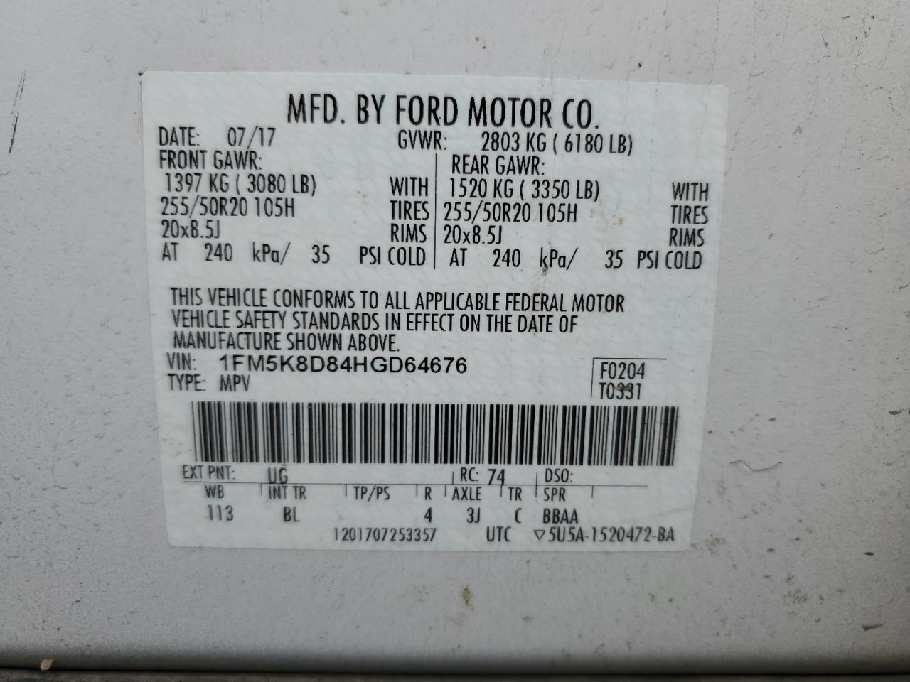 1FM5K8D84HGD64676 2017 Ford Explorer Xlt