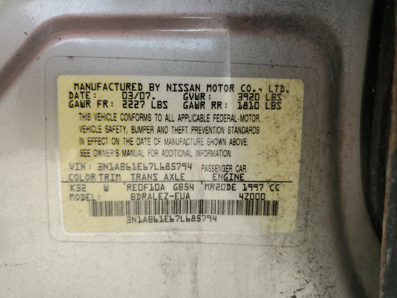 3N1AB61E67L685794 2007 Nissan Sentra 2.0