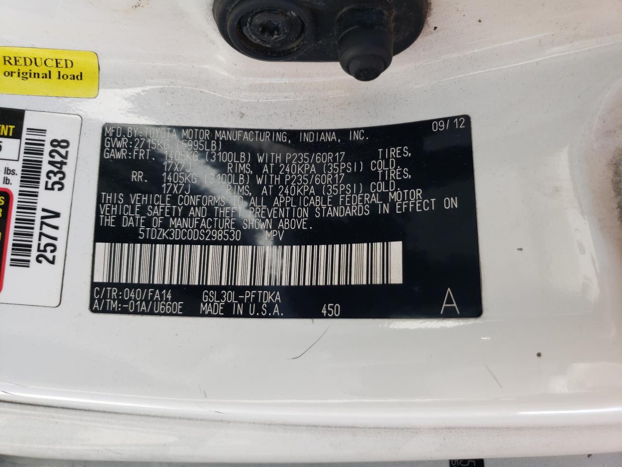 5TDZK3DC0DS298530 2013 Toyota Sienna