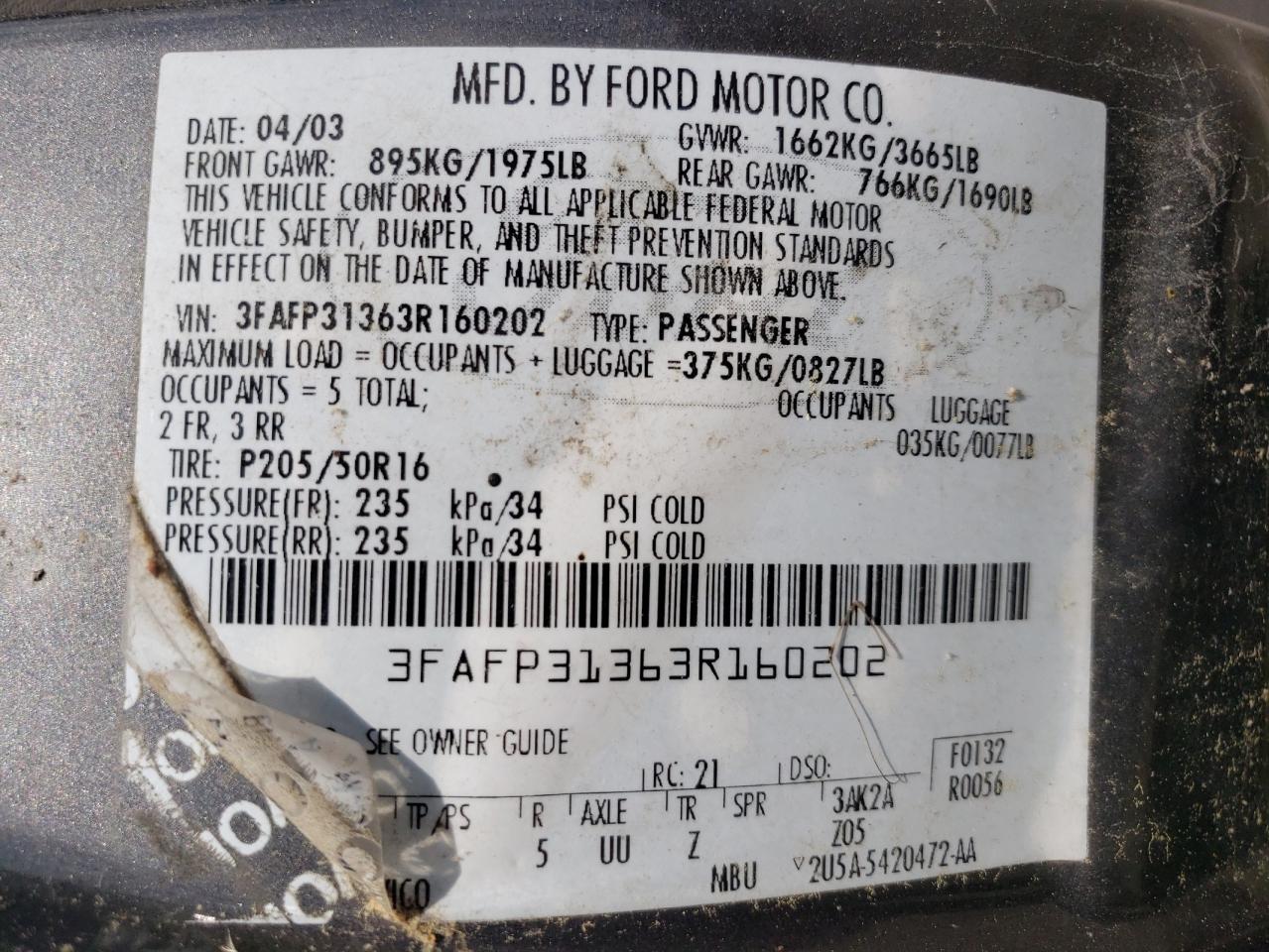 3FAFP31363R160202 2003 Ford Focus Zx3